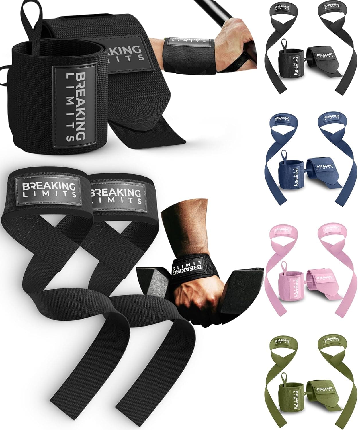 BREAKING LIMITS Straps Powerlifting & Pulseiras ginásio para treino de força, ginásio, Crossfit - Lifting Straps para homem e mulher
