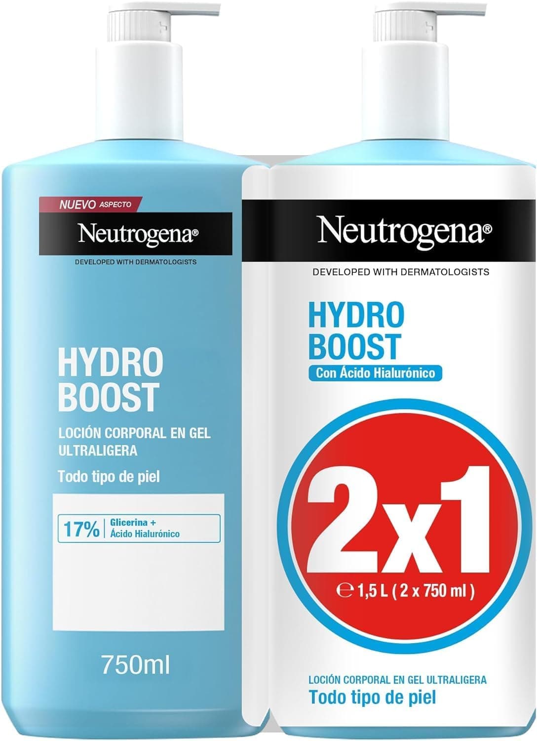 Neutrogena Hydro Boost Loção em gel ultraleve (embalagem de 2 x 750 ml), creme hidratante corporal refrescante com glicerina e ácido hialurónico para todos os tipos de pele