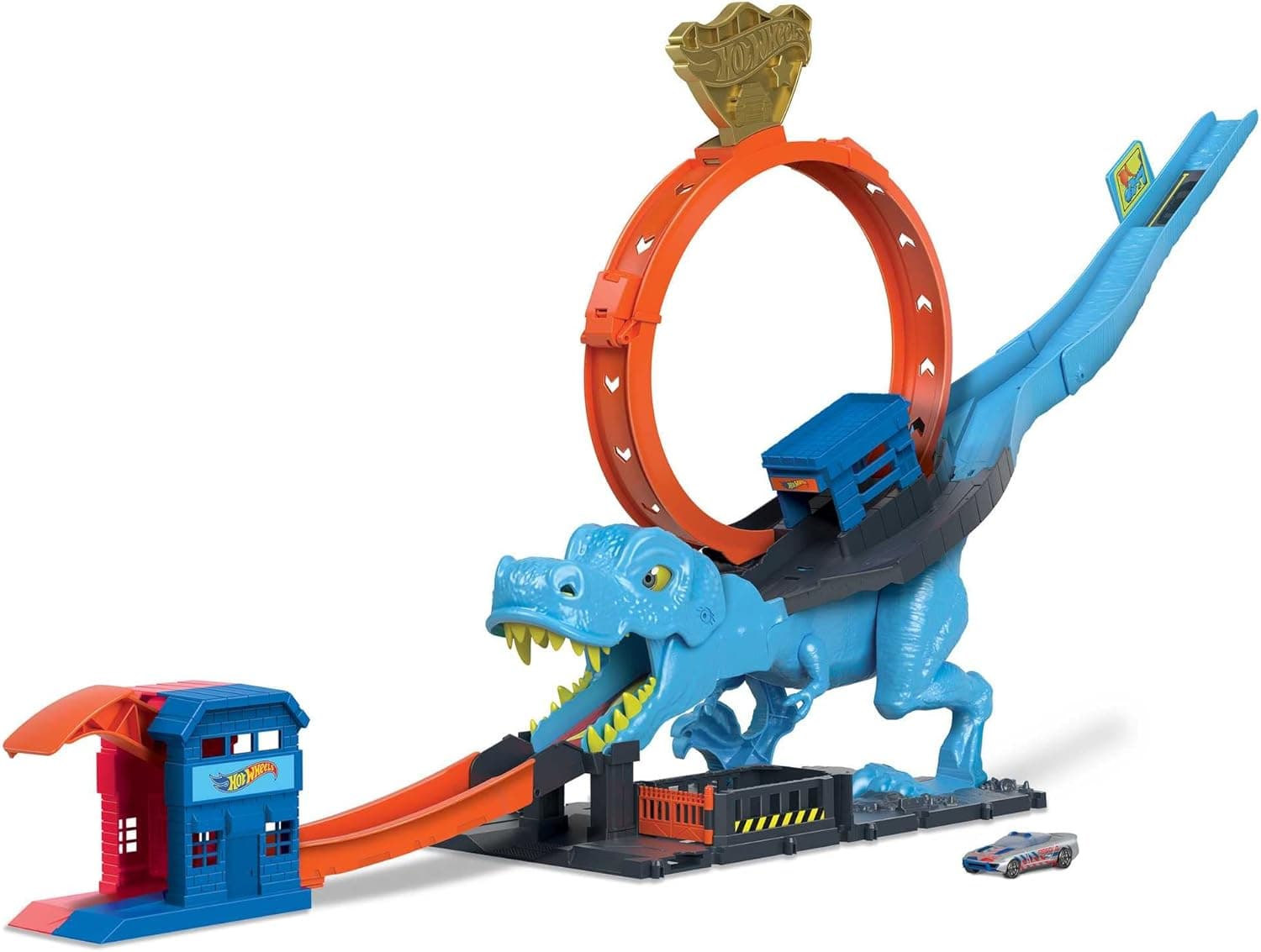 Hot Wheels City Desafio do T-Rex pista para carros de brinquedo com lançador, inclui 1 veículo, + 5 anos (Mattel HNP77)