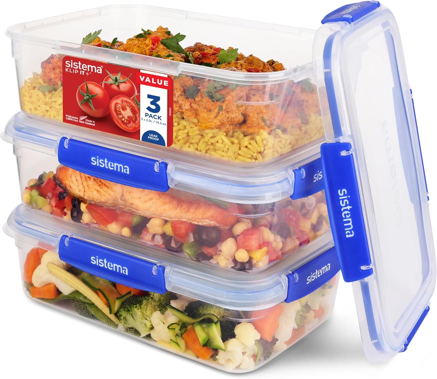 Sistema KLIP IT PLUS recipientes para armazenamento de alimentos | 2,2 l | Caixas para alimentos empilháveis, à prova de fugas e adequadas para frigorífico/congelador | sem BPA, 3 unidades