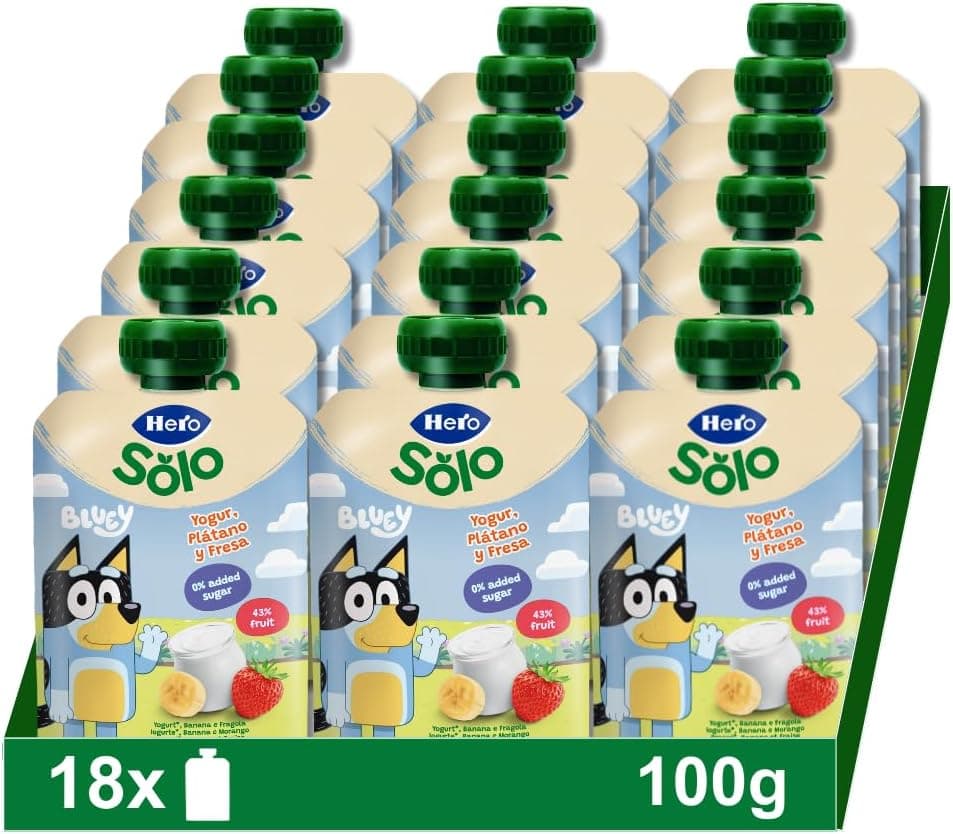 Hero - Sacos de iogurte com banana e morango, sem conservantes nem corantes, óleo de palma, glúten, nem açúcares adicionados, para bebés a partir dos 12 meses, pack de 18 x 100 g