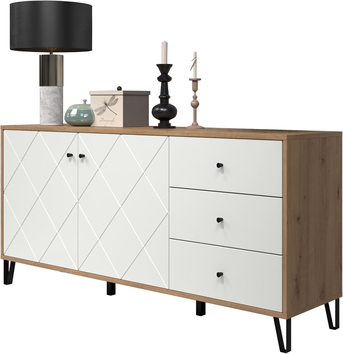 trendteam smart living Touch | Aparador branco e carvalho com 2 portas 3 gavetas e pés metálicos pretos 183 x 76 x 40 cm
