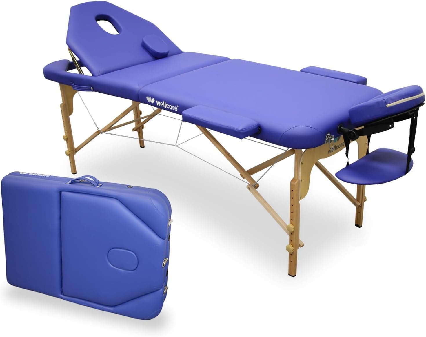 QUIRUMED Maca de massagem dobrável de madeira WELLCORE, com encosto dobrável, Plus, 185 x 65 cm, couro sintético, altura regulável, cabeça removível, orifício facial, cor azul, até 225 kg