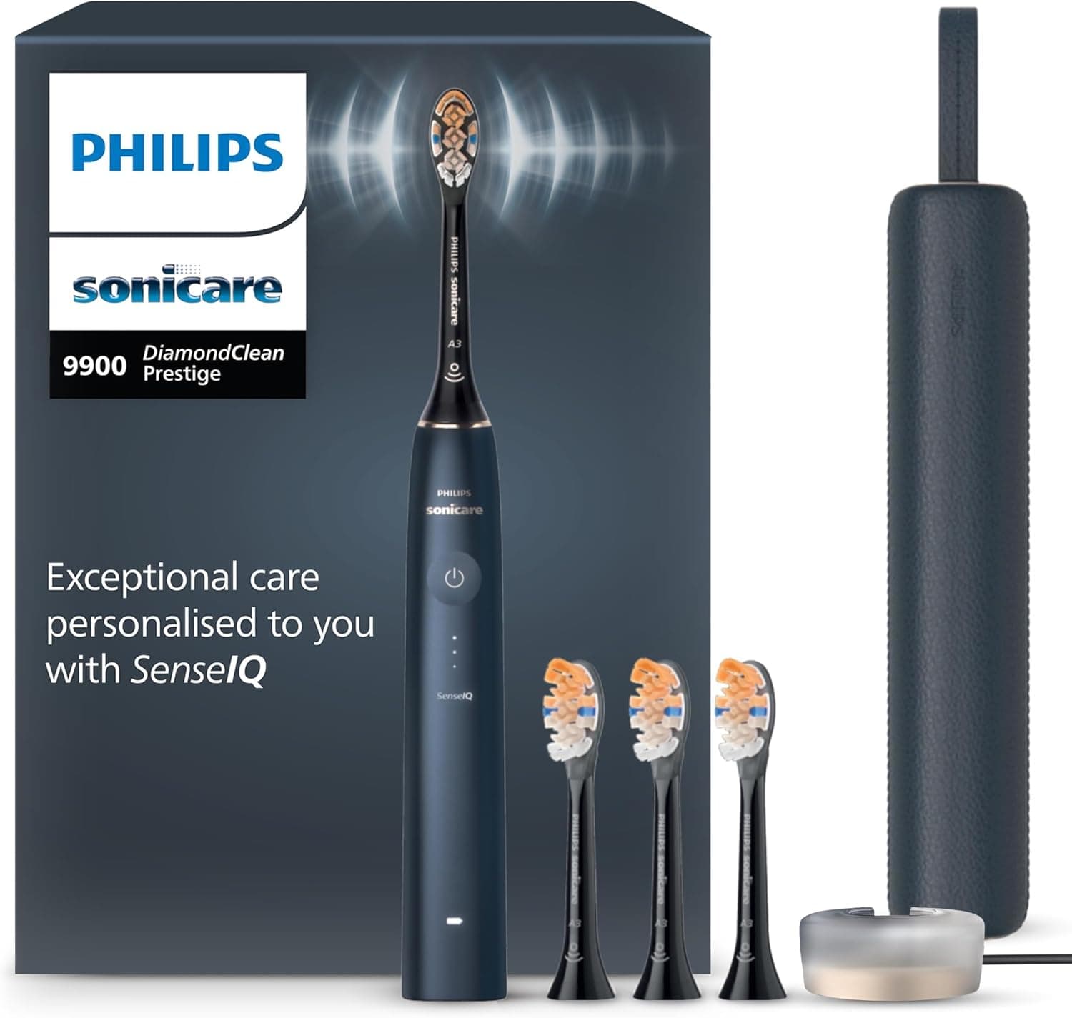 Philips Sonicare DiamondClean 9900 Prestige escova de dentes elétrica, com tecnologia SenseIQ e aplicação, 5 modos de escovagem, estojo de viagem com carga, azul meia-noite, modelo HX9992/45