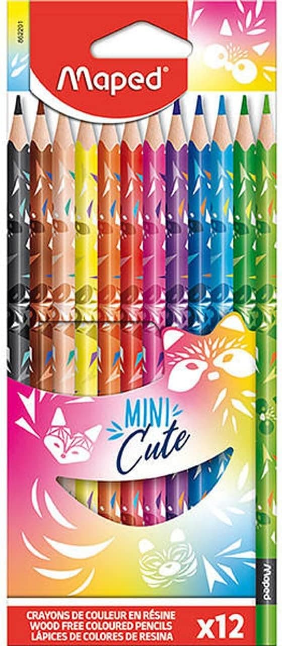 Maped - Pinturas de madeira - lápis de cor mini cute - 12 pinturas com design lúdico - minas resistentes e fáceis de afiar - design ergonómico para melhor aderência