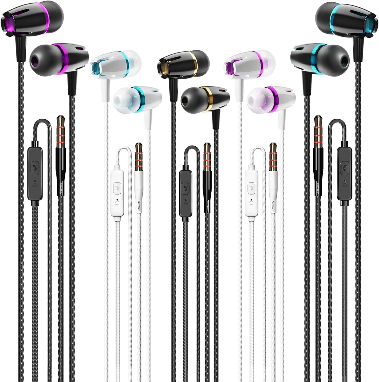 Glracd Auriculares com cabo e microfone, conjunto de 5 auriculares com cabo com graves potentes e pesados, alta definição, auriculares com cabo com conector de 3,5 mm