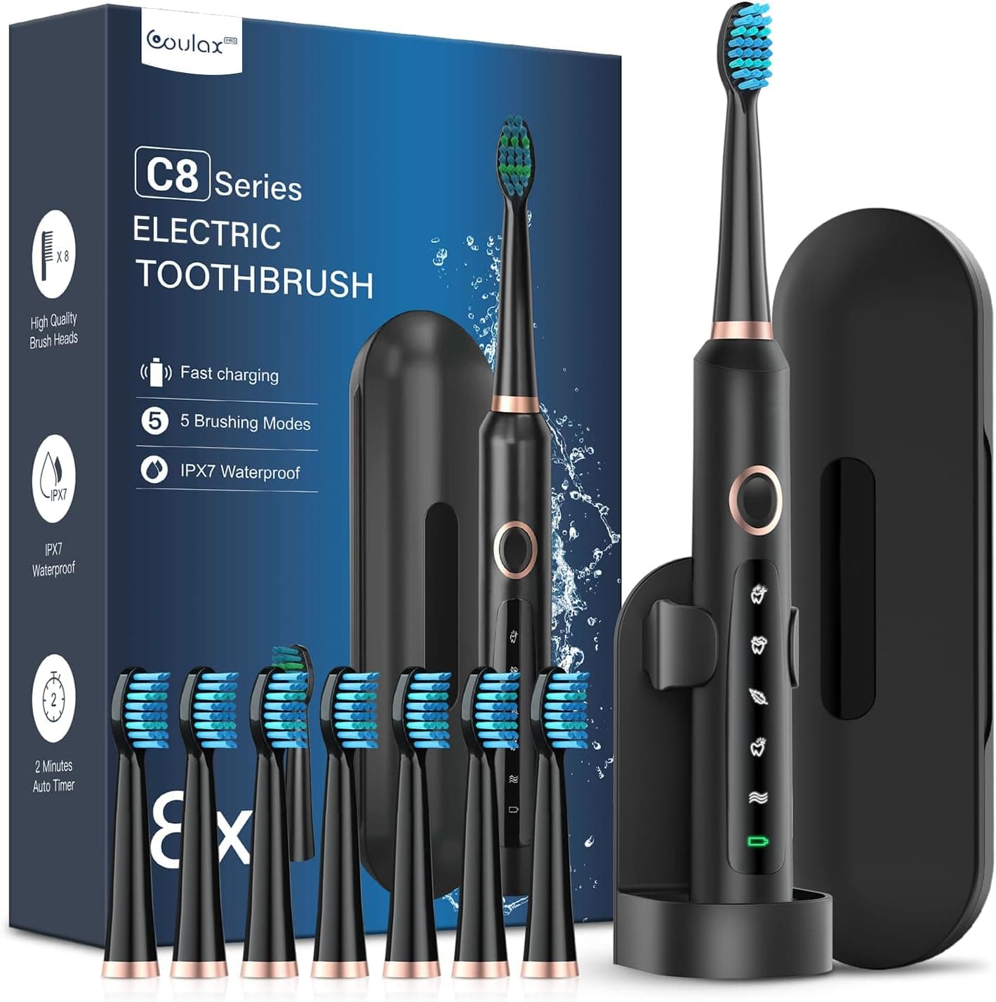 Coulax Pro | Escova de dentes elétrica sónica com 8 cabeças, 5 modos, estojo e proteção IPX7