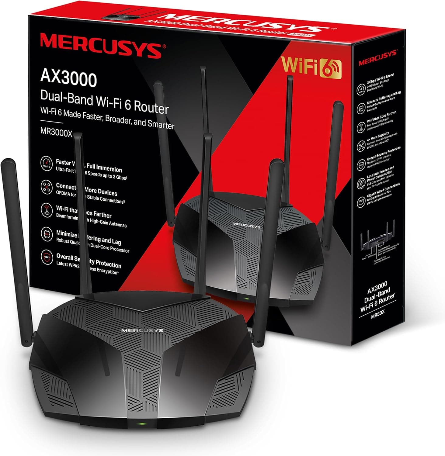 Mercusys 6 roteadores WiFi de 3000 Mbps, router WiFi de banda dupla, 4 portas Gigabit RJ45, 4 antenas de 5 dBi, MU-MIMO, WPA3, conexão inteligente, controlo parental, tecnologia de cor BSS