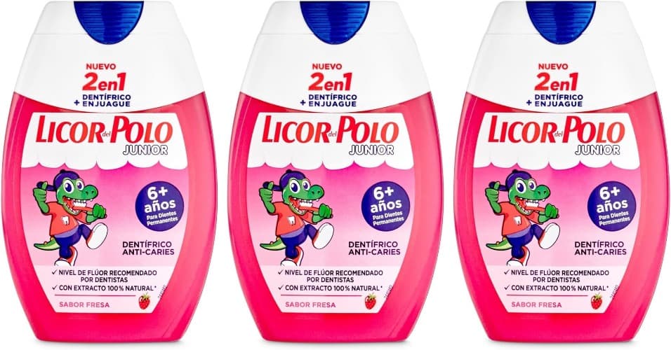 Licor del Polo Junior 2 em 1 | Pasta de dentes para crianças a partir dos 6 anos sabor morango, proteção contra cáries e placa, 75 ml