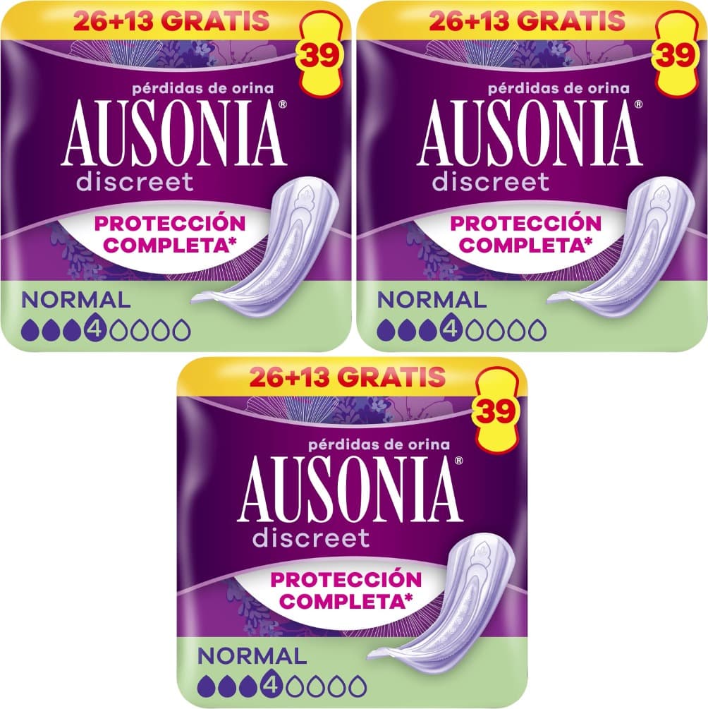 Ausonia Discreet normal, 39 compressas incontinência mulher para perda de urina, proteção completa, discrição incrível
