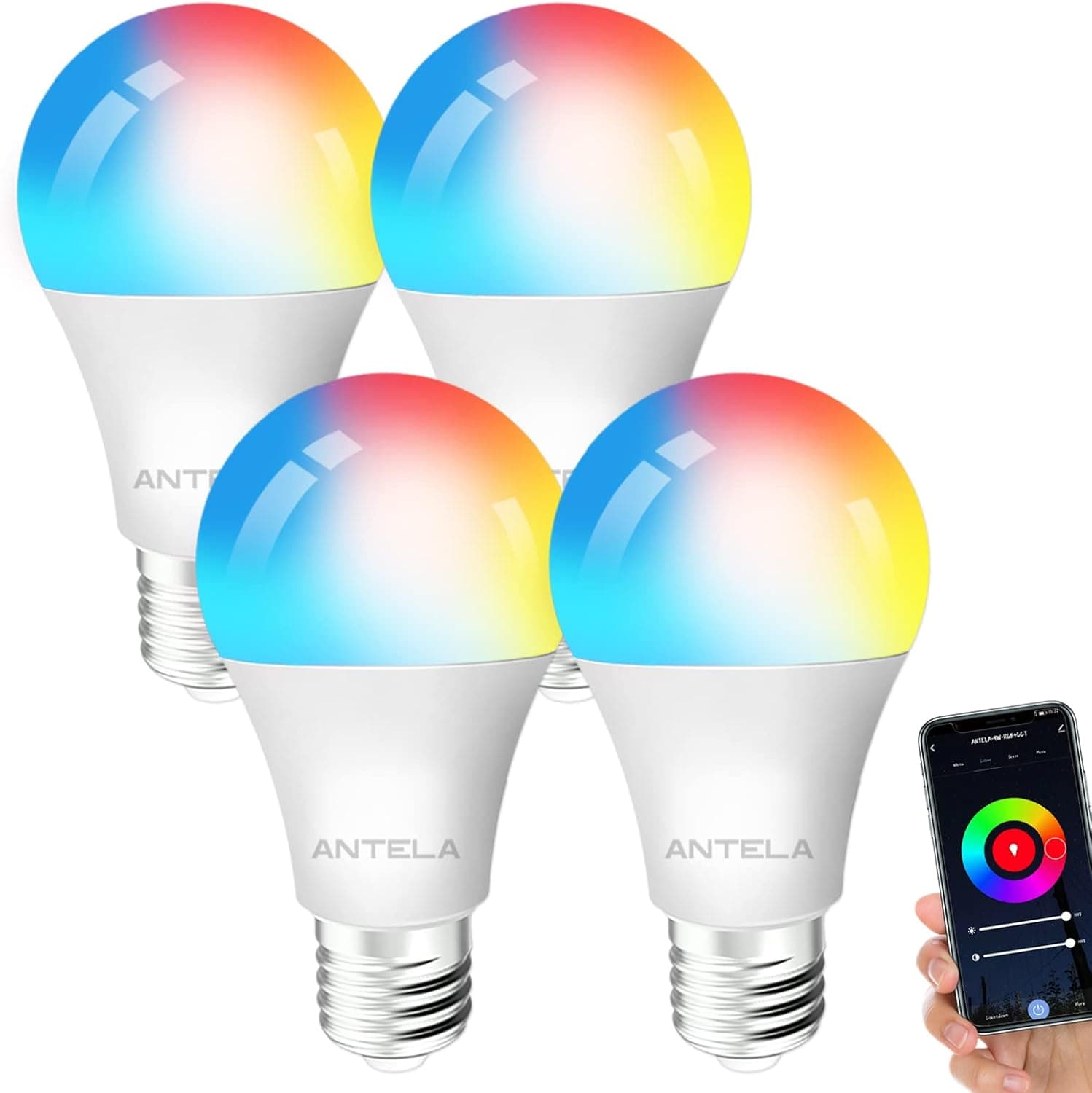ANTELA Lâmpada LED inteligente WiFi E27 sem necessidade de hub compatível Alexa, Echo e Google Home, lâmpada LED 806 lm equivalente 80 Watts, lâmpada RGB branco quente/frio, 4 pacotes [