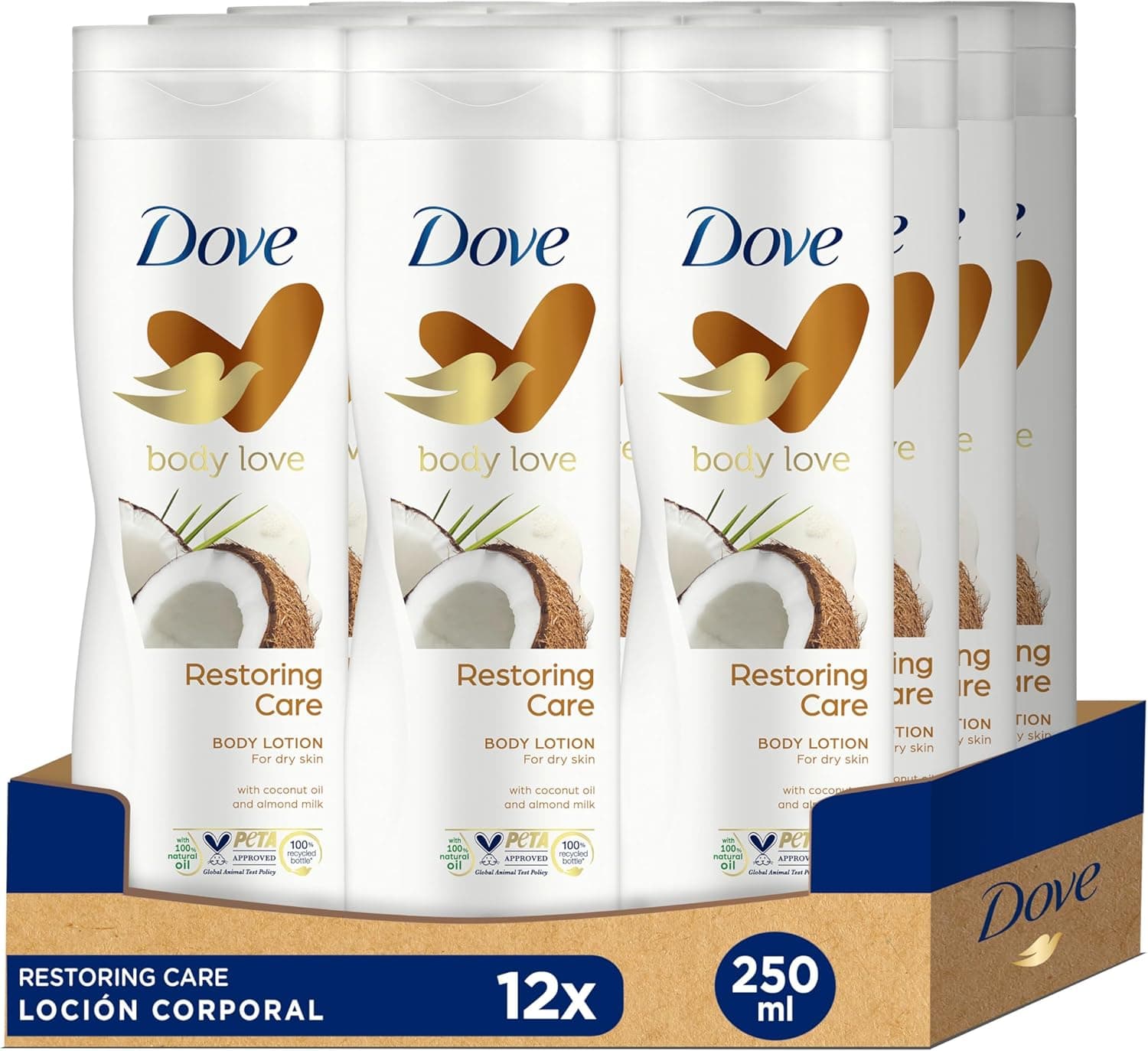 Dove Loção corporal cuidado reparador para todos os tipos de pele com óleo de coco e leite de amêndoas, que hidrata e suaviza a pele seca de 250 ml, pack de 12 unidades
