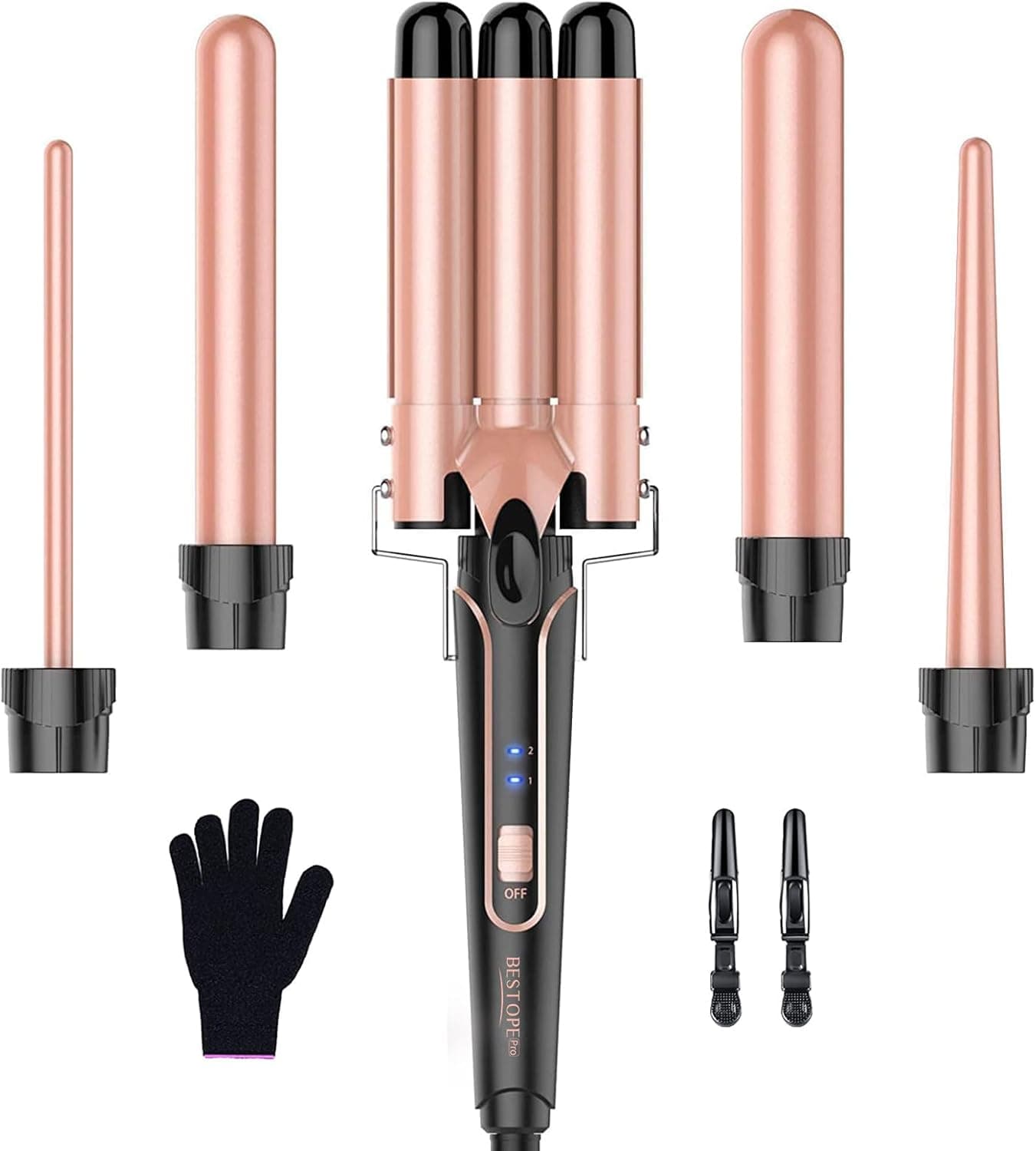 BESTOPE PRO Conjunto de ferro ondulado 5 em 1: possui 3 barris de cerâmica para criar ondas grandes, incluindo ajuste de temperatura, aquecimento rápido e uma luva, 2 clipes, ouro rosa
