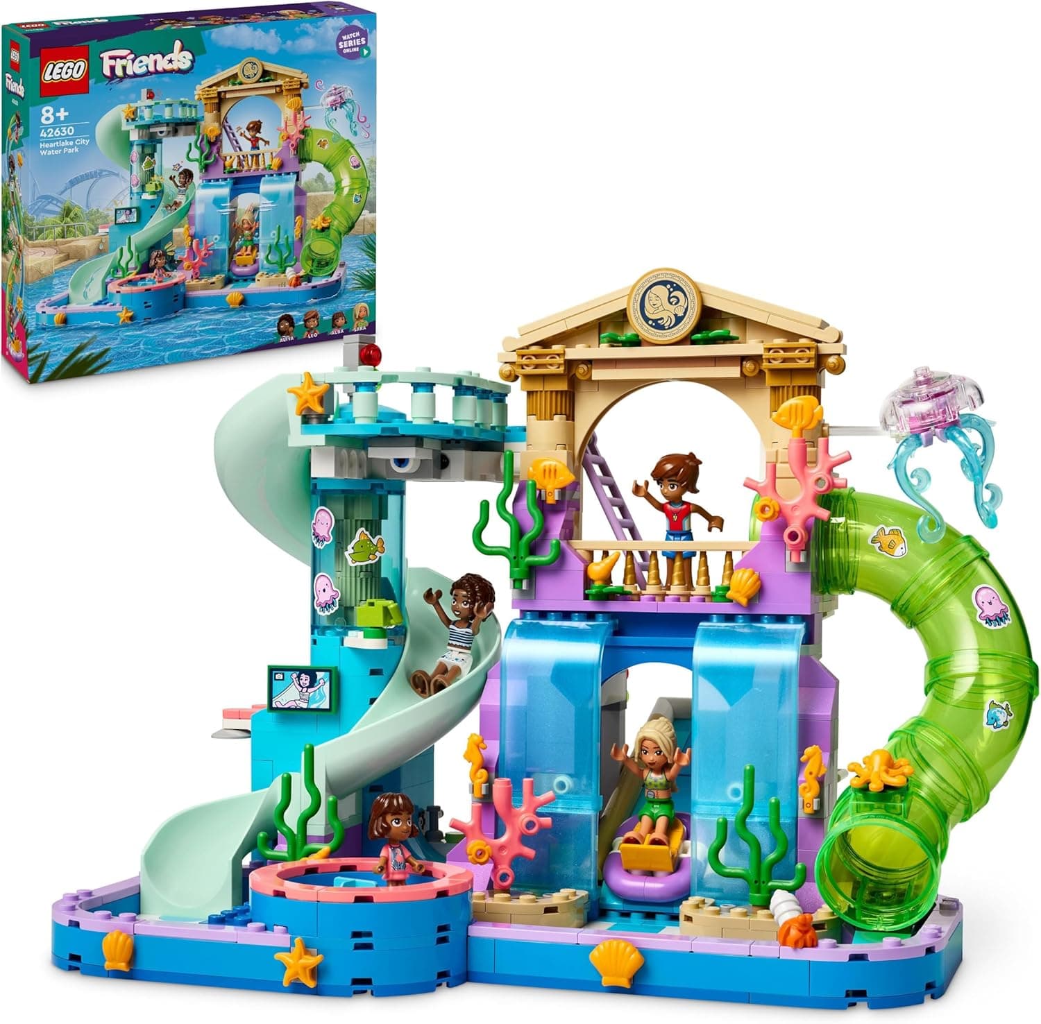 LEGO Friends Parque aquático de Heartlake City com escorrega de água, brinquedo de construção para o jogo criativo, presente para meninas e meninos de 8 anos ou mais, 3 mini bonecas e 3 escorregas