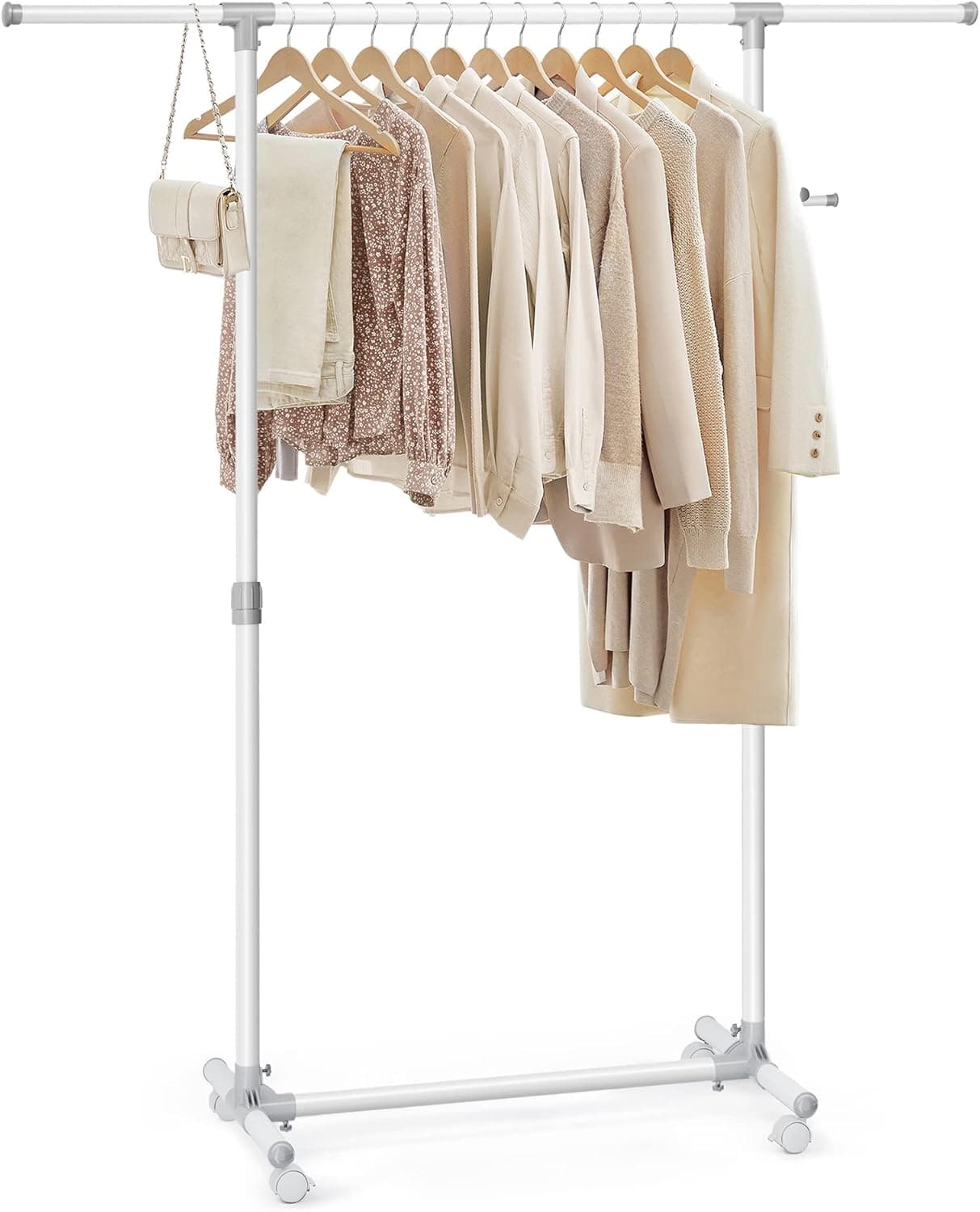 SONGMICS Cabide com rodas, borro para roupa, altura ajustável 97-165 cm, barra extensível, ganchos laterais para acessórios, lacno LLR001W01