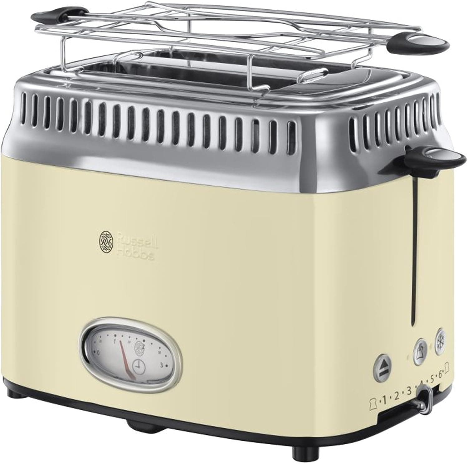 Russell Hobbs Torradeira retro - 2 ranhuras curtas e largas, torradeira para 2 fatias, bandeja de recolha de migas, quentes, função de descongelar, design vintage, aço inoxidável, creme - 21682-56