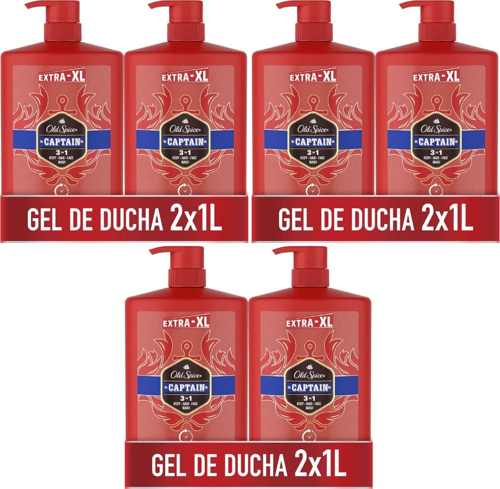 Old Spice Captain Gel de duche e champô para homens 2 x 1000 ml, gel para rosto, corpo e cabelo 3 em 1 multifunções, frescura duradoura, fragrância excecional, limpeza profunda