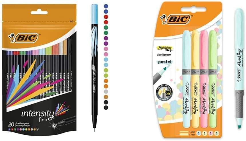 BIC Intensity Fine | Conjunto de 20 marcadores de ponta fina e 4 marcadores fluorescentes pastel multicores para escola e escritório