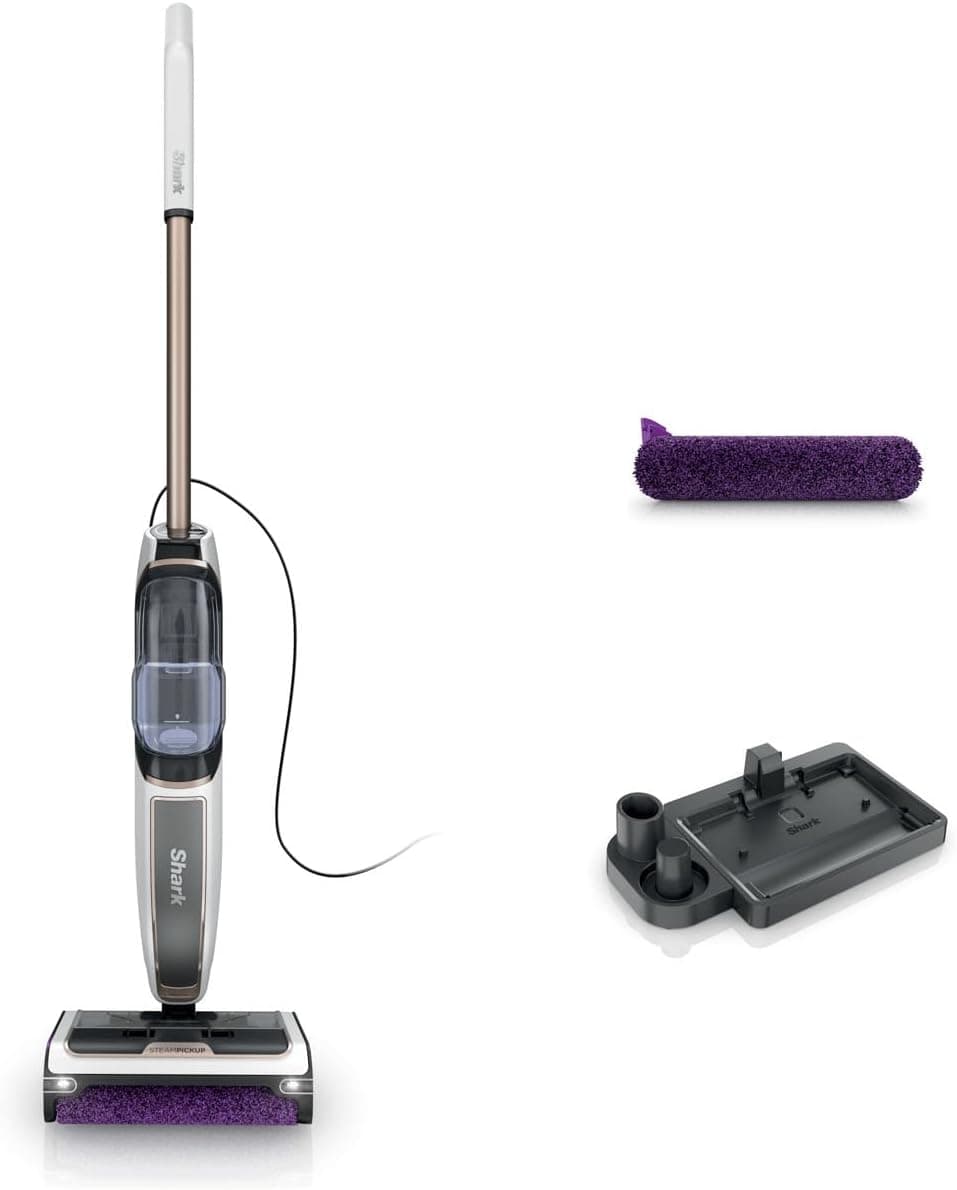 Shark SteamPickUp Mopa a vapor 3 em 1 para pisos duros, limpeza livre de químicos, separe resíduos húmidos e secos, com escova giratória e suporte, base de armazenamento, 420 ml, branco, SD200EU