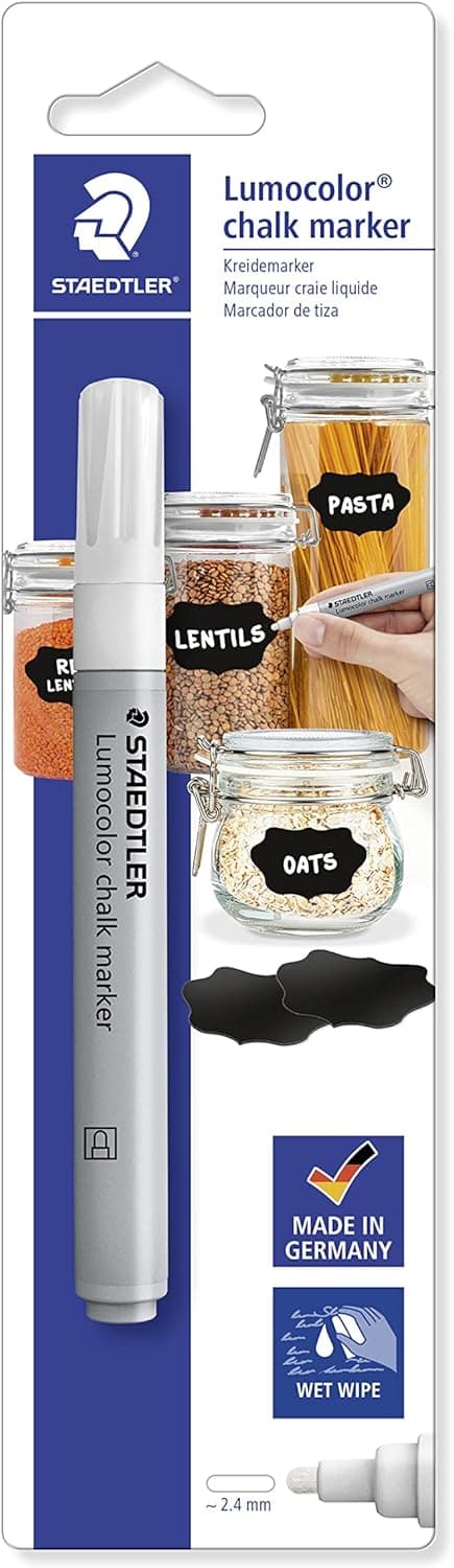Staedtler Marcador de giz Lumocolor, branco, opaco em superfícies lisas, apagado húmido, ponta redonda, largura da linha aprox. 2,4 mm, à base de água, marcador de giz em blister, 344-0 BK