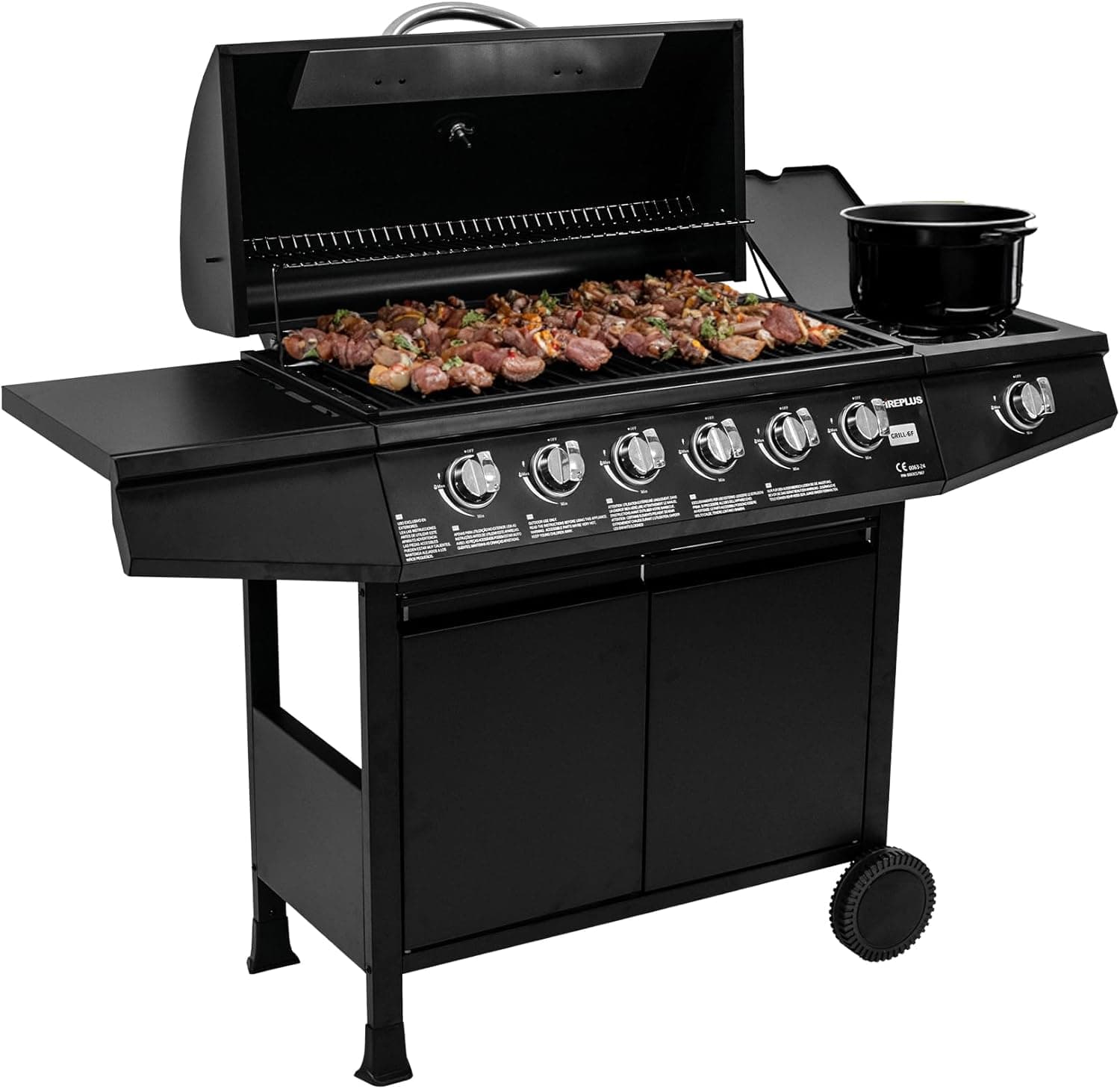 Amig - Churrasco a gás Fireplus 6+1 de 12,9 kW - aço inoxidável preto, grelha com rodas modelo GRILL-6F, churrasqueira XXL com carro e termómetro - 138 x 52 x 103 cm, 7 queimadores e bandeja lateral