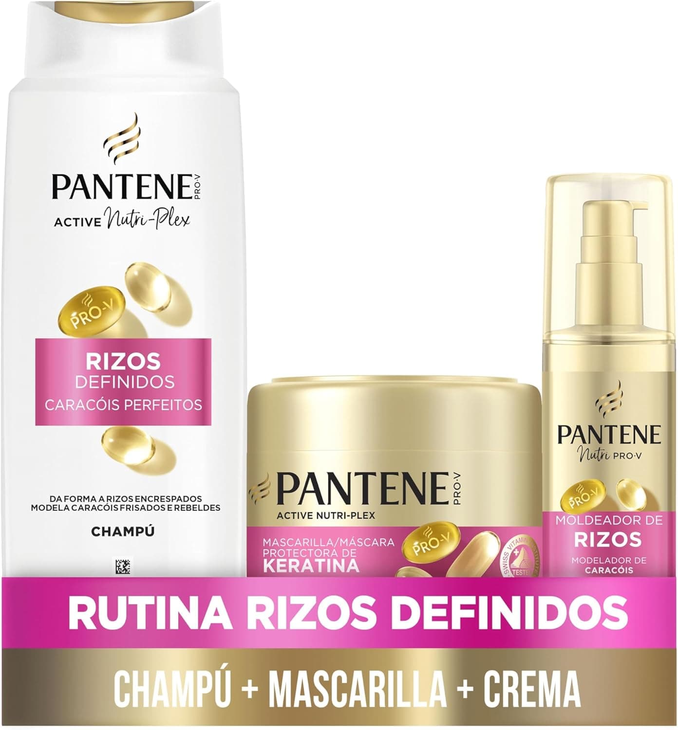 Pantene Pro-V Curls definidos champô 625 ml, máscara de 300 ml, modelador de caracóis de 145 ml, caracóis rebeldes e crespados. Protege ligações empilhares