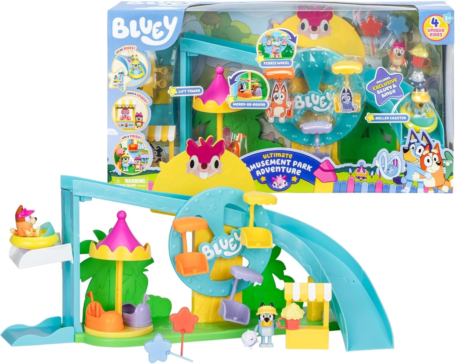 Bluey - Theme Park, parque temático, parque aquático com 2 escorregas e acessórios, inclui figura Bingo, posto de poletas e muito mais, famosa (BLY84000)