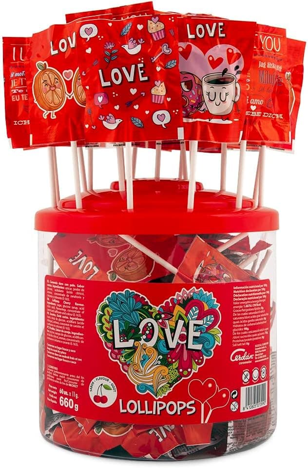 Caramelos Cerdán - Piruletas coração Love sabor cereja | frasco de 60 unidades | caramelo duro com vara sem glúten ou alérgenos | ideal para o dia dos namorados e aniversários.