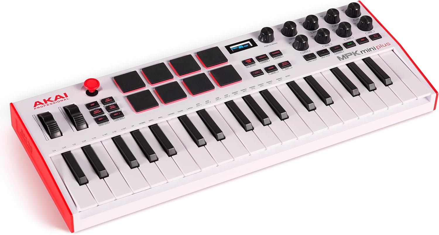 AKAI Professional MPK Mini Plus, teclado controlador MIDI USB de 37 mini teclas e 8 pads MPC, sequenciador, botões e software de produção musical, cor branca