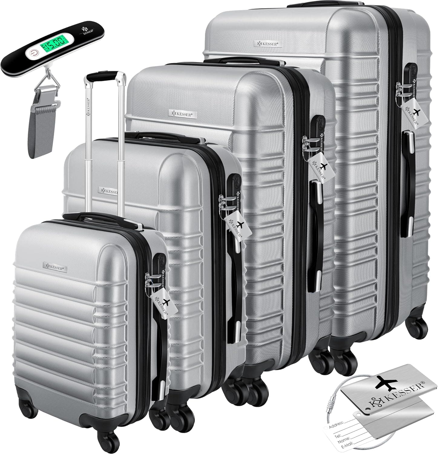 ESSER® Conjunto de 4 malas rígidas, conjunto de mala Trolley Incl. Balança de bagagem etiqueta de bagagem mala rolante fechadura 4 rodas ABS capa rígida alça telescópica S-M-L-XL, Prata