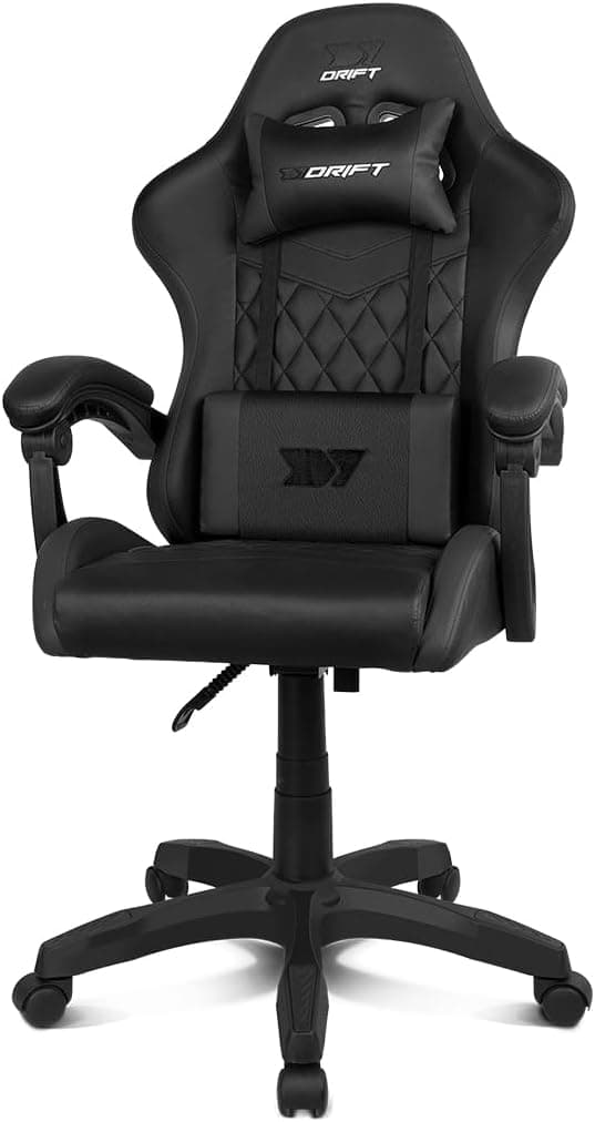 DRIFT GAMING DR35 - Cadeira profissional, couro sintético, apoio de braços acolchoados, pistão classe 3, base de nylon reforçada, assento basculante, altura regulável, almofada lombar / cervical, cor