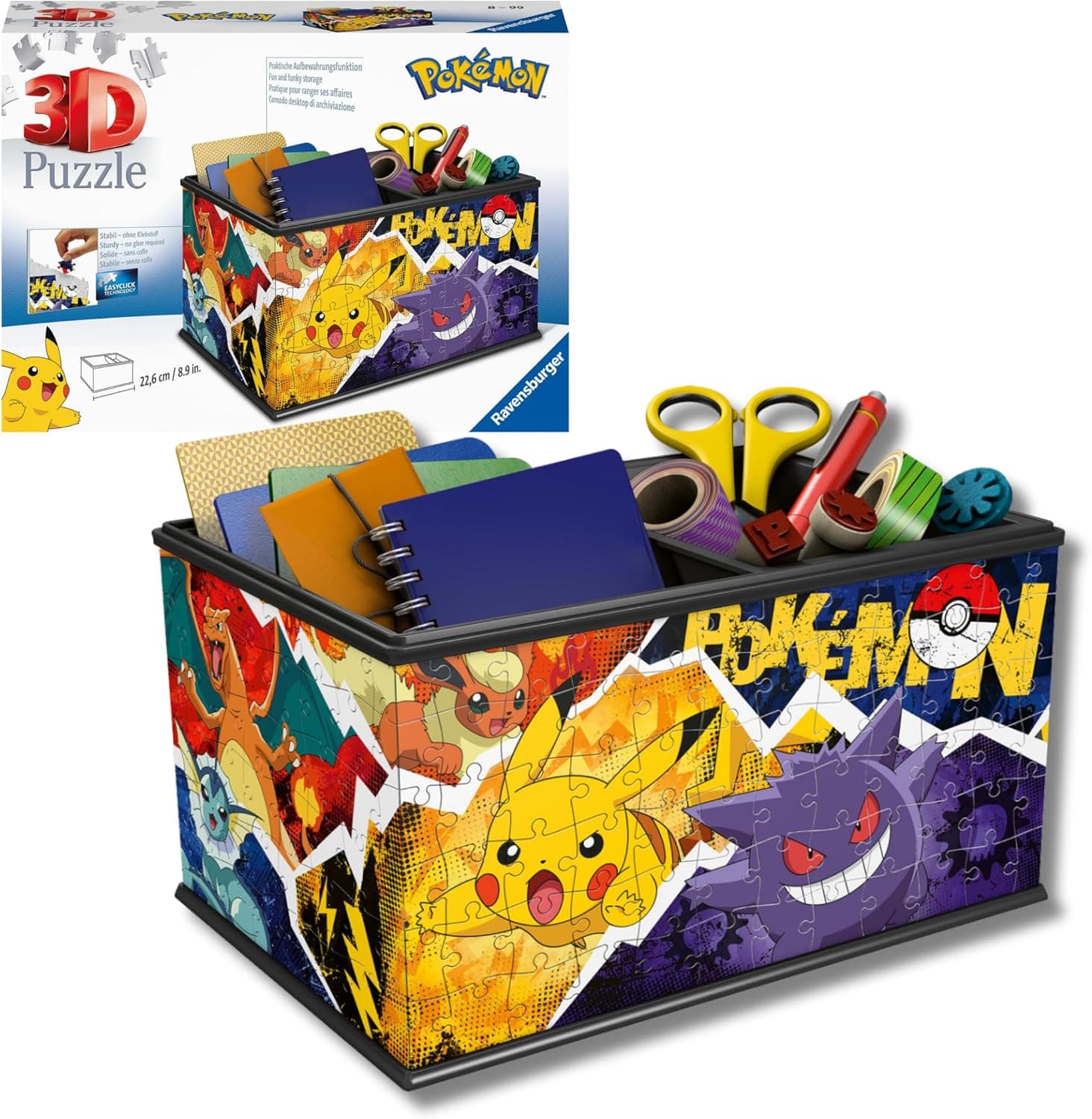 Ravensburger - Puzzle 3D, Storage Box Pokémon, caixa de armazenamento de secretária, casaco para adultos e crianças de 8 anos, quebra-cabeças de 216 peças