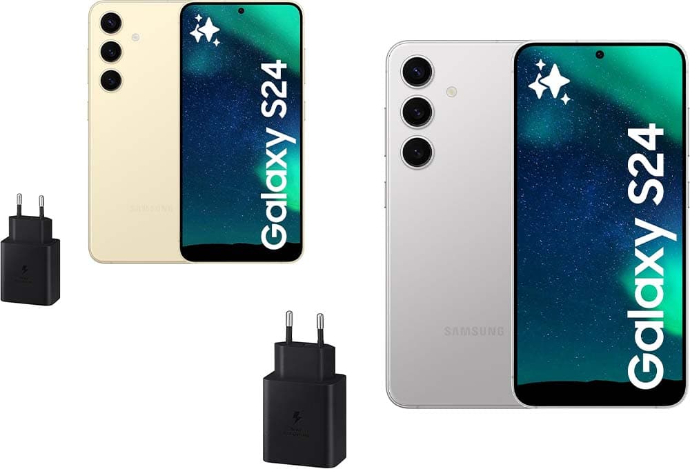Samsung Galaxy S24 e carregador de 45W, telemóvel com IA, smartphone Android, 8 GB RAM, 128 GB de armazenamento, câmara 50 MP, bateria longa duração, cinzento mármore