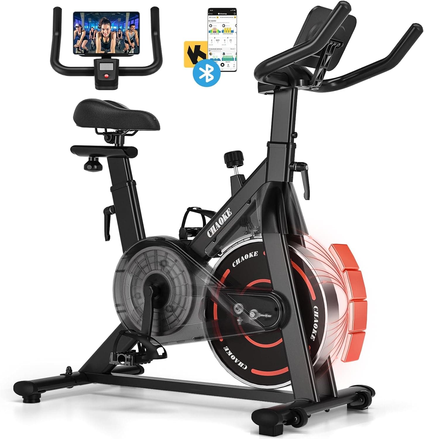 CHAOKE Bicicleta estática com aplicação, 2025, silenciosa, com resistência magnética, assento e alça ajustáveis, ergómetro LCD, bicicleta estática com ótimo suporte para tablet, até 150 kg