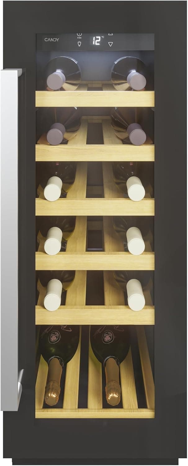 Candy DiVino CCVB 30/1, Vinhoteca integrável, 58 L, 20 garrafas, porta reversível, 6 saias, tratamento anti-UV, compressor anti-vibrações, LED, temperatura de 5º a 18º, 39DB, classe F, preto