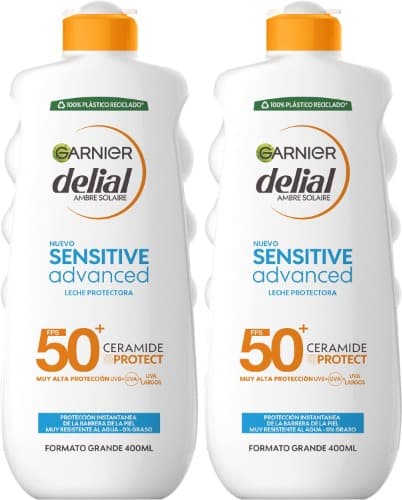 Garnier Delial Sensitive Advanced Sunscreen Milk XXL Family Format. Ceramide Protect: keeps the skin hydrated and the barrier function intact. 0% sticky, 0% fat. Milk 400 ml