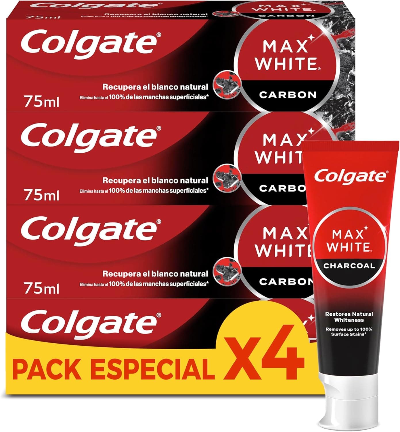 Colgate Max White com carvão ativado pasta de dentes branqueadora, pack de 4 x 75 ml