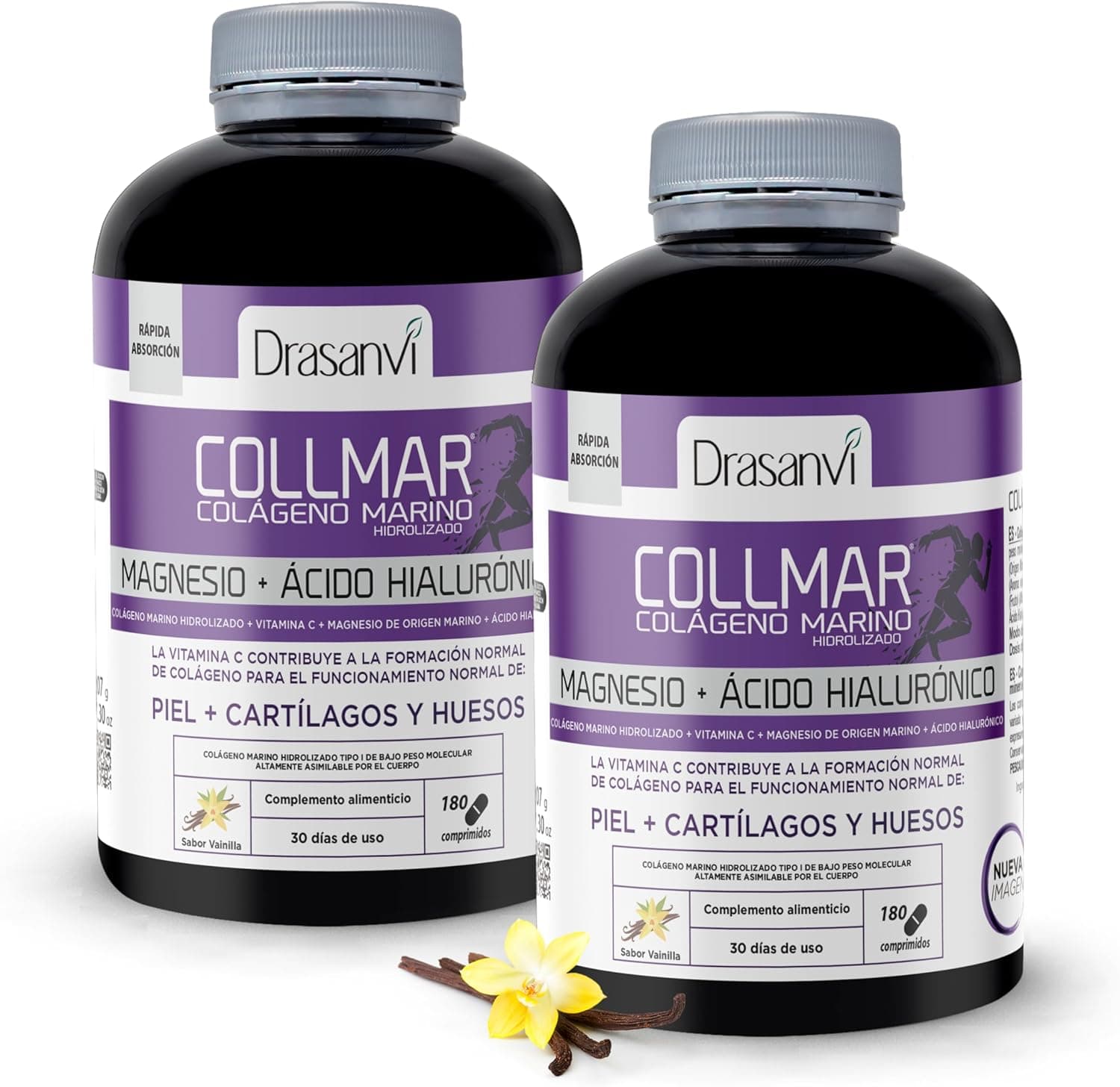 DRASANVI COLLMAR COLAGENO HIDROLIZADO com ácido Hialurónico, magnésio e vitamina C natural, ossos e articulações, colágeno marinho 3,900 mg/dia, 2 x 180 comp = 30 dias, sabor baunilha