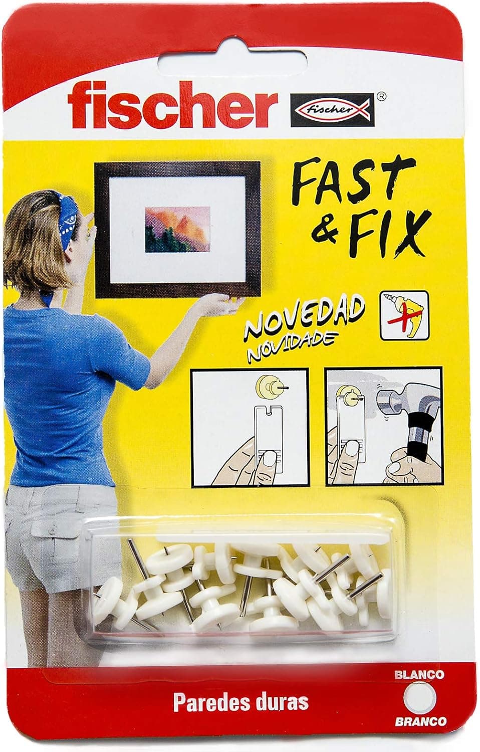 fischer 534844, Pendurador de 3 pontas Fast & Fix, 4 unidades, branco