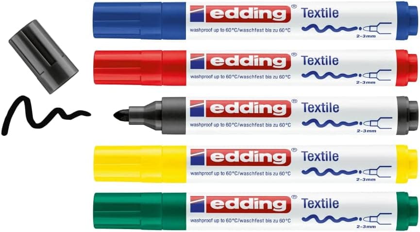 edding 4500 Marcador têxtil - preto, vermelho, azul, verde, amarelo - 5 unidades, ponta redonda de 2-3 mm, marcadores têxteis permanentes, resistentes a lavagens até 60 °C