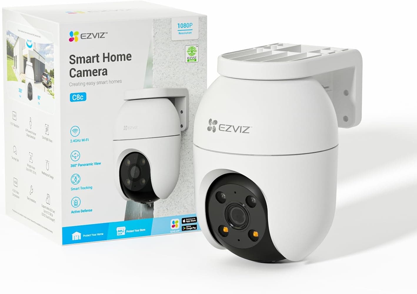 EZVIZ Câmara de vigilância WiFi exterior de 360°, 1080P câmara IP de segurança, visão noturna colorida, deteção IA de pessoas, acompanhamento de zoom automático, áudio bi-direcional, sereia,