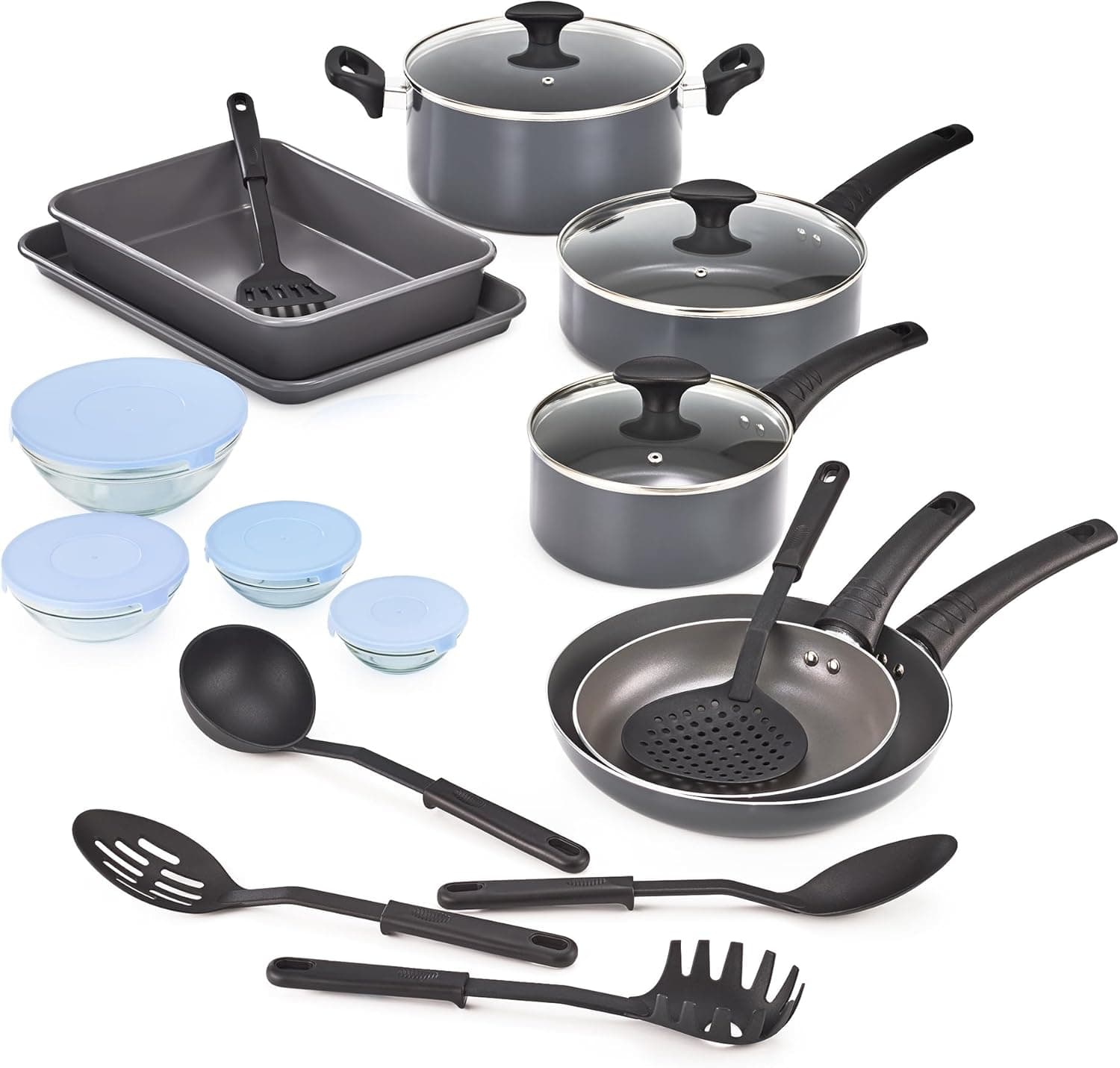 BELLA 17251 - Conjunto de 21 peças essenciais de cozinha para assar e armazenar, alumínio antiaderente, cor preta