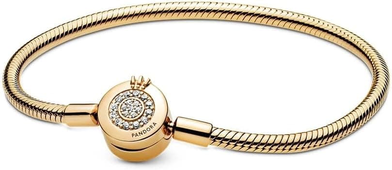 PANDORA Signature Moments pulseira de corrente de cobra com fecho com design de coroa cintilante em O banhado a ouro de 14 quilates com zircões cúbicas transparentes