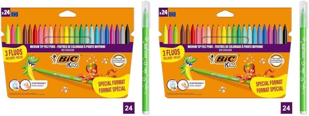 BIC Kids Kid Couleur | Conjunto de 24 marcadores de ponta média com cores sortidas, pack duplo para crianças