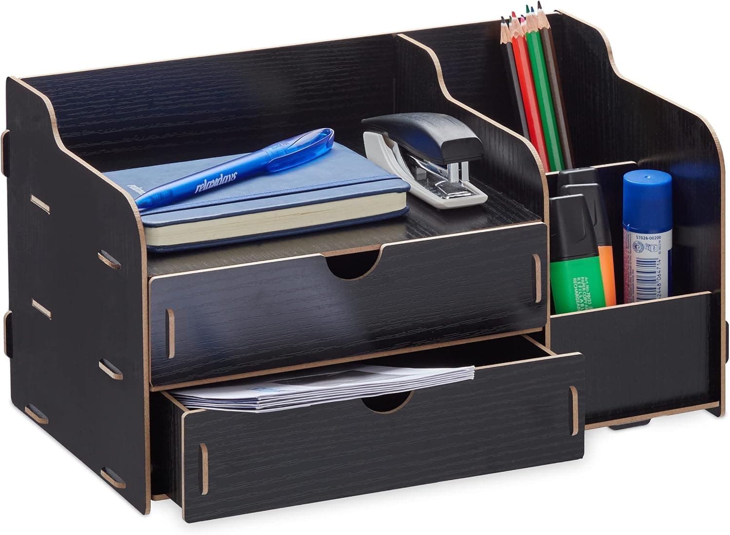 Relaxdays Organizador de Escritório | Caixa com gavetas e compartimentos para escritório em preto 17 x 33 x 19 cm
