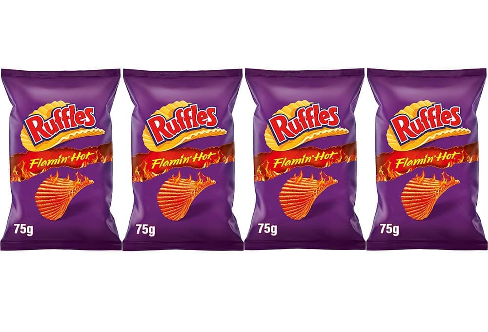 Ruffles Flamin Hot, Snack de batata picante com corte ondulado, saco individual de aperitivo, 75 g x 4