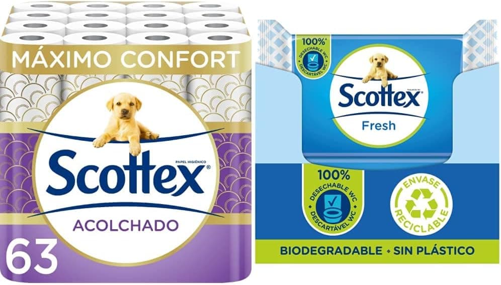 Scottex Acolchoado papel higiénico, 63 rolos Scottex Fresh papel higiénico húmido, 12 embalagens x 38 (456 unidades)