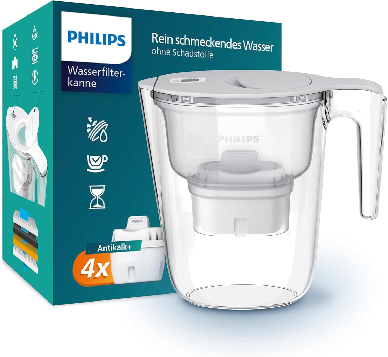 Filtro para jarra Philips + 4 cartuchos de filtro de substituição Anti-calcário, até 50% DE REDUÇÃO DE DUREZA, fluxo rápido, branco, 2,6 litros, temporizador eletrônico