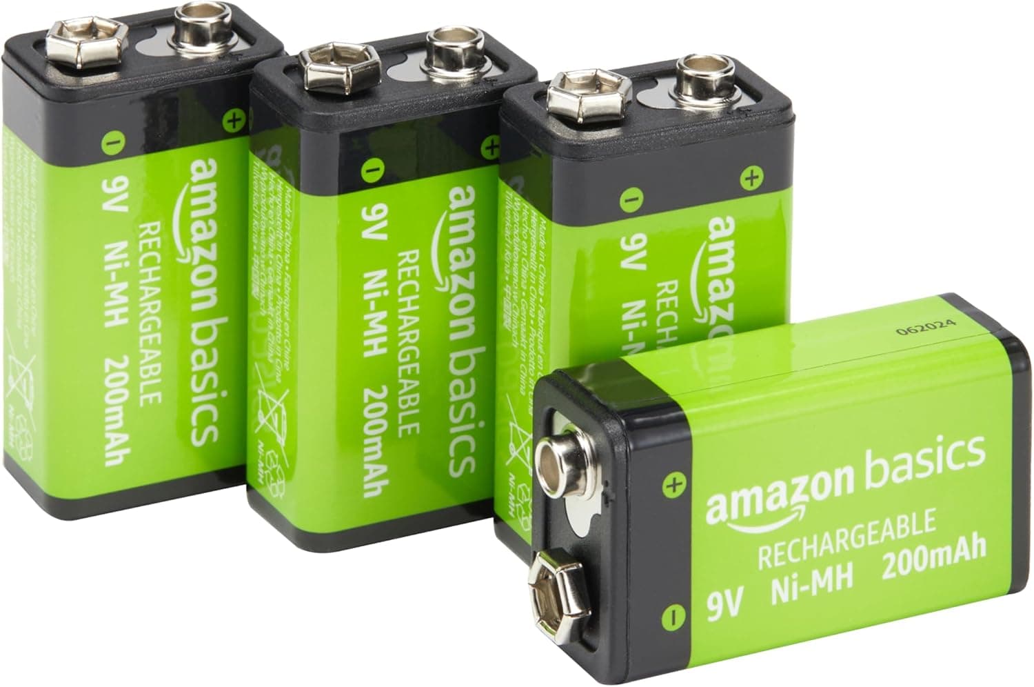 Amazon Basics - Pacote de 4 pilhas recarregáveis de 9 V NiMH, 200 mAh, recarregáveis até 1000 vezes, pré-carregadas