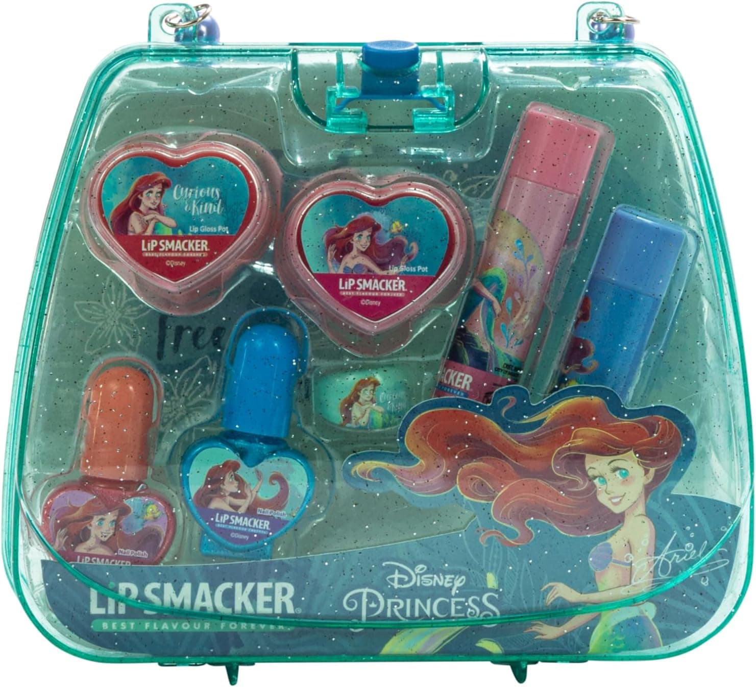 Lip Smacker Princess Ariel Mini Tote Bag, conjunto de maquilhagem tudo em um para crianças, maquilhagem para rosto, lábios e unhas com acessórios de beleza para os seus filhos
